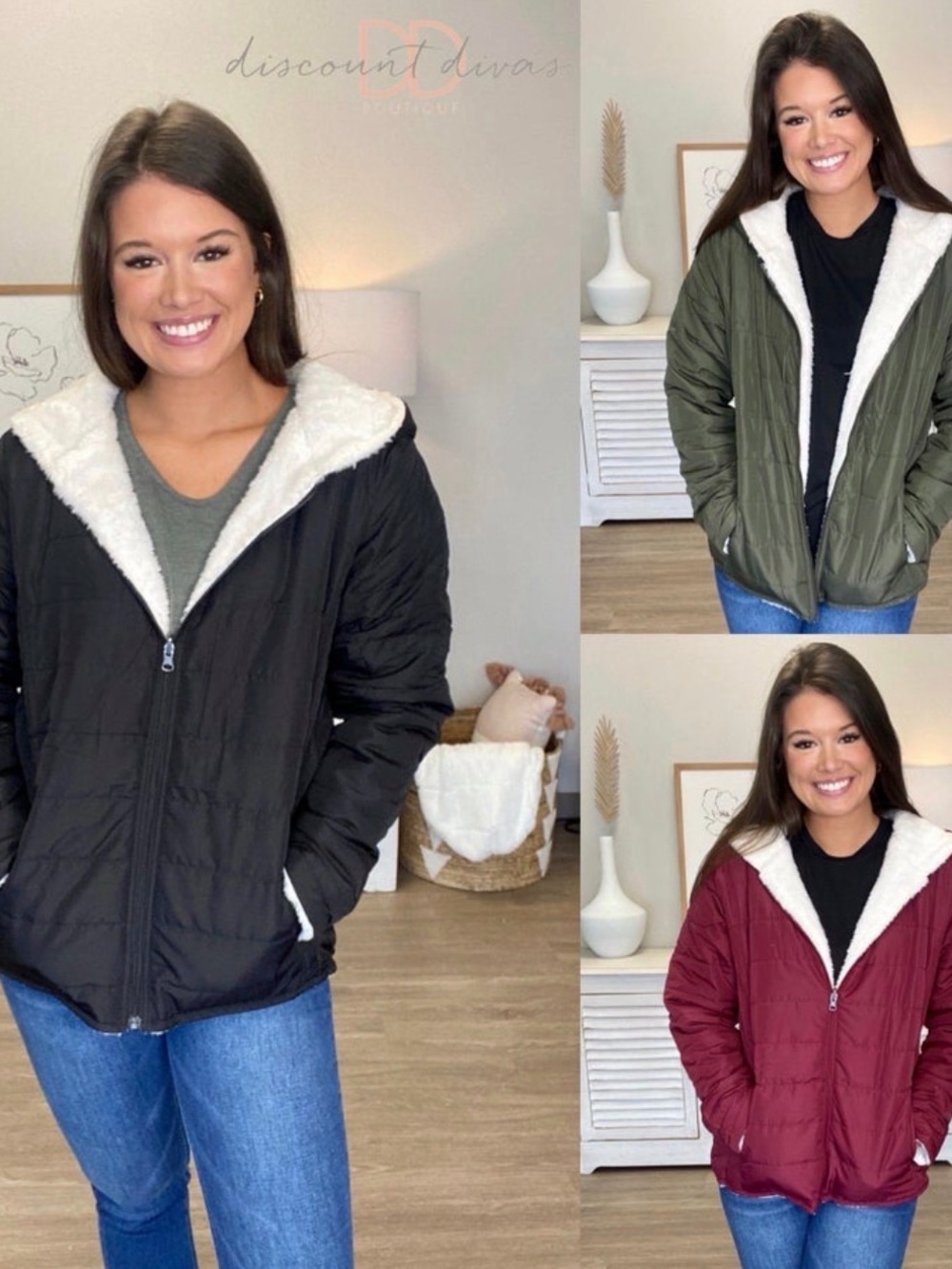 Sherpa-Lined Puffer Jacket in Black, Olive, Bordeaux